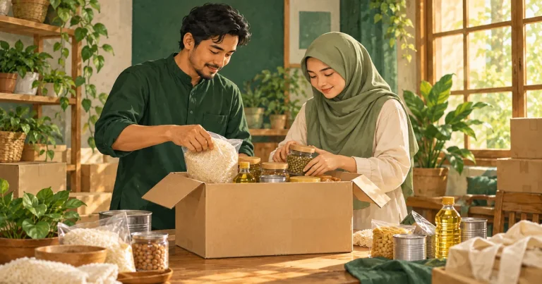 Ilustrasi dua relawan menata bahan kebutuhan sehari-hari ke dalam paket bantuan di ruang warga.