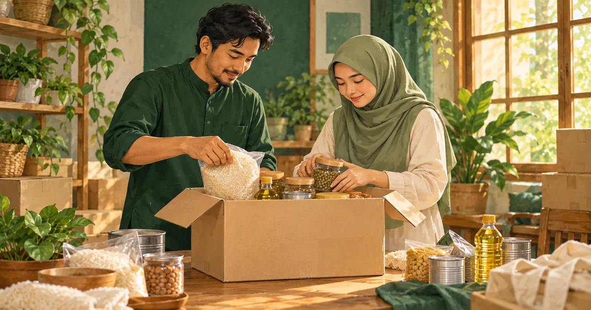 Ilustrasi dua relawan menata bahan kebutuhan sehari-hari ke dalam paket bantuan di ruang warga.