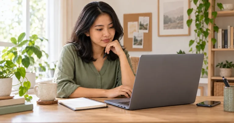 Ilustrasi seorang perempuan meninjau laptop dan catatan di meja kerja untuk merencanakan konten.