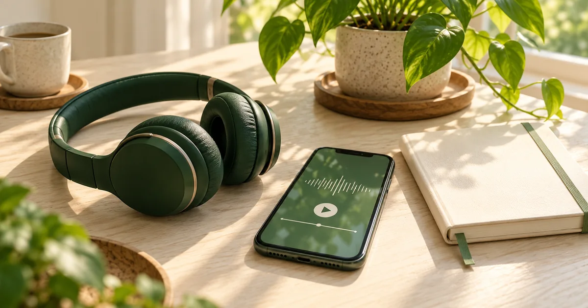 Ilustrasi headphone hijau, ponsel dengan pemutar audio, dan buku catatan di meja krem.