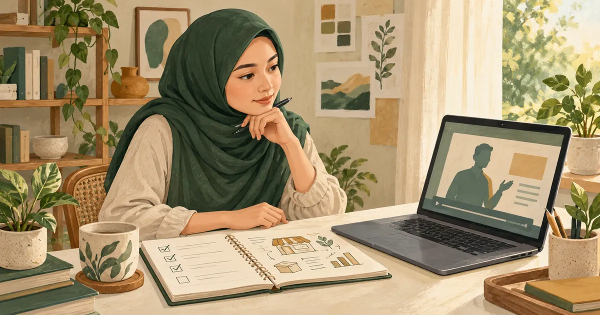 Ilustrasi perempuan membandingkan video kisah usaha dengan catatan pertanyaan.