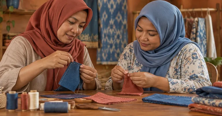 Ilustrasi dua perempuan belajar bersama menjahit dengan tangan menggunakan potongan kain terpisah di meja kerja.
