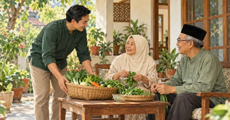 Ilustrasi anak dewasa membawa sayuran sambil berbincang dengan ayah dan ibu di beranda rumah.