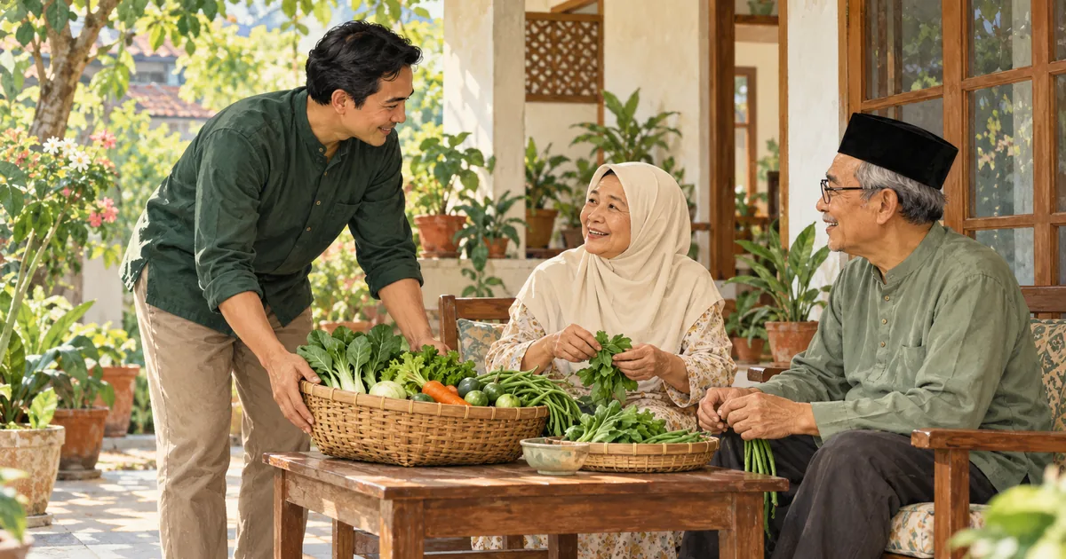 Ilustrasi anak dewasa membawa sayuran sambil berbincang dengan ayah dan ibu di beranda rumah.