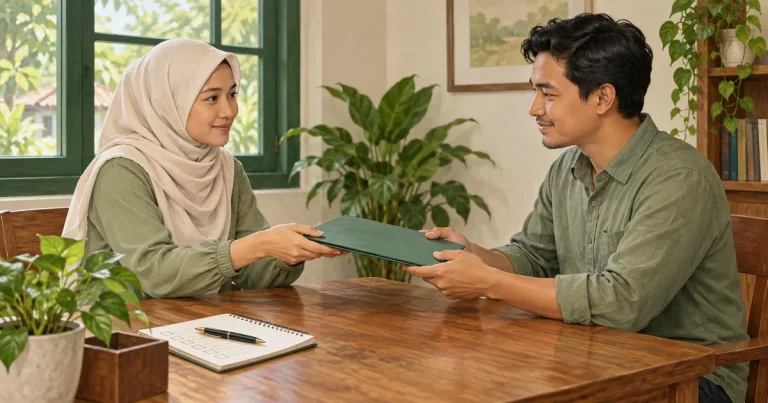 Ilustrasi penyerahan map dokumen antara dua pengurus kegiatan, dengan buku daftar kelengkapan di meja.