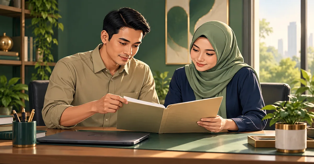 Ilustrasi dua rekan kerja memeriksa dokumen dengan teliti di meja kantor