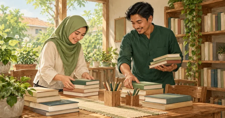 Ilustrasi dua warga bekerja sama menata buku dan alat tulis di ruang baca lingkungan.