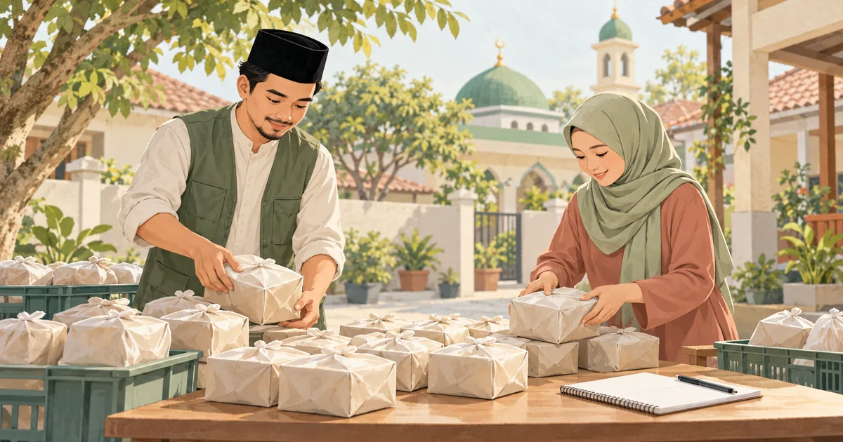 Ilustrasi dua relawan menyiapkan paket konsumsi dan catatan tugas di halaman lingkungan.