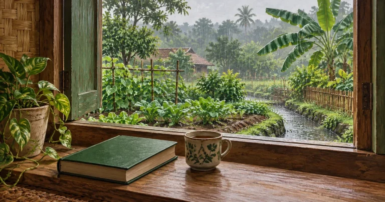 Ilustrasi buku dan cangkir di dekat jendela yang menghadap kebun saat hujan.