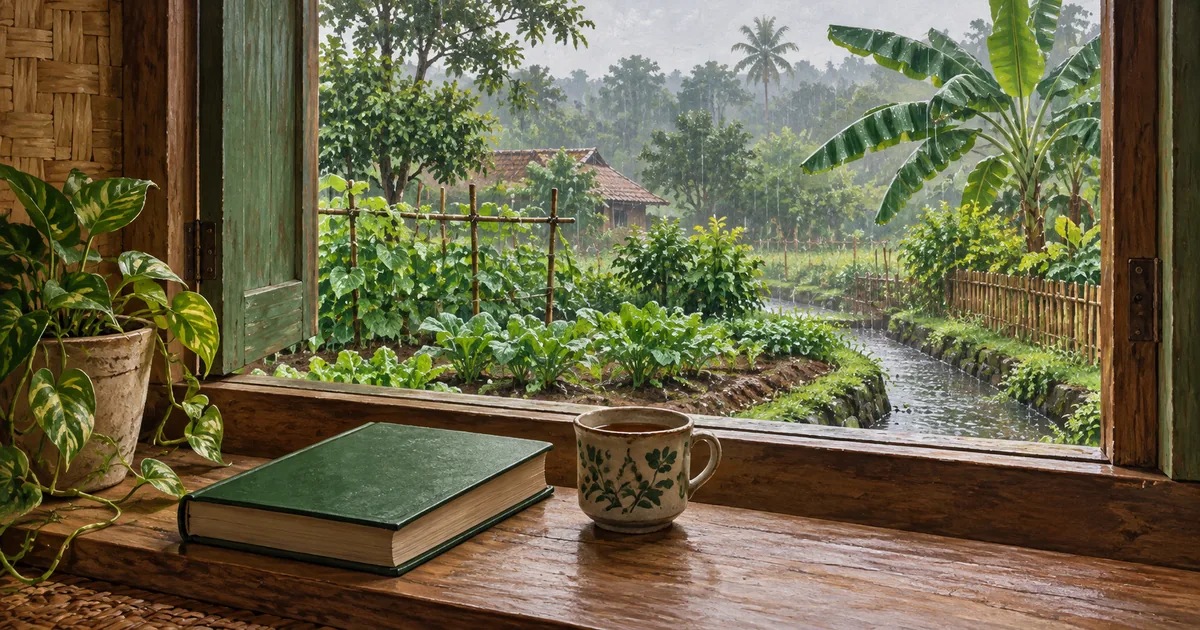 Ilustrasi buku dan cangkir di dekat jendela yang menghadap kebun saat hujan.
