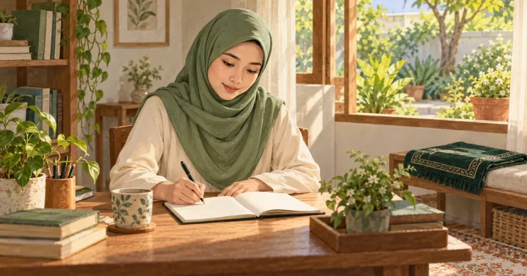 Ilustrasi perempuan berhijab menulis catatan pribadi di dekat jendela dengan taman dan sajadah terlipat.