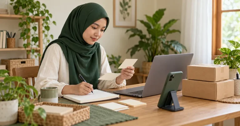Ilustrasi seorang admin memeriksa kartu pesanan di meja dengan laptop, ponsel, dan paket pengiriman.
