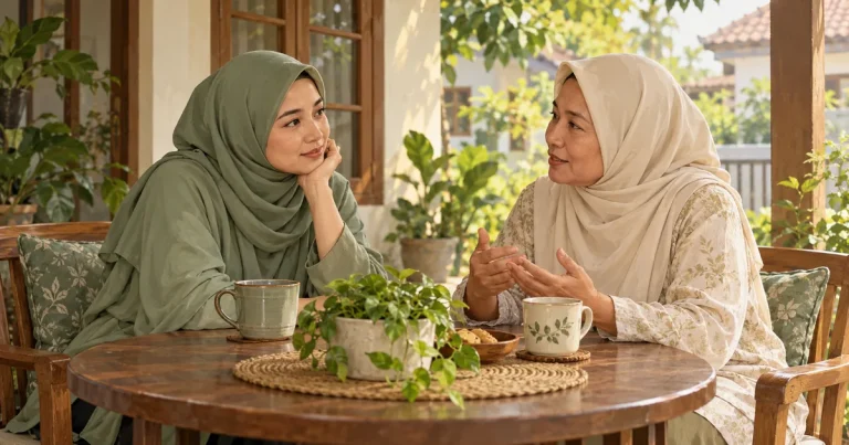 Ilustrasi dua perempuan berhijab berbincang dengan tenang di meja teras rumah.