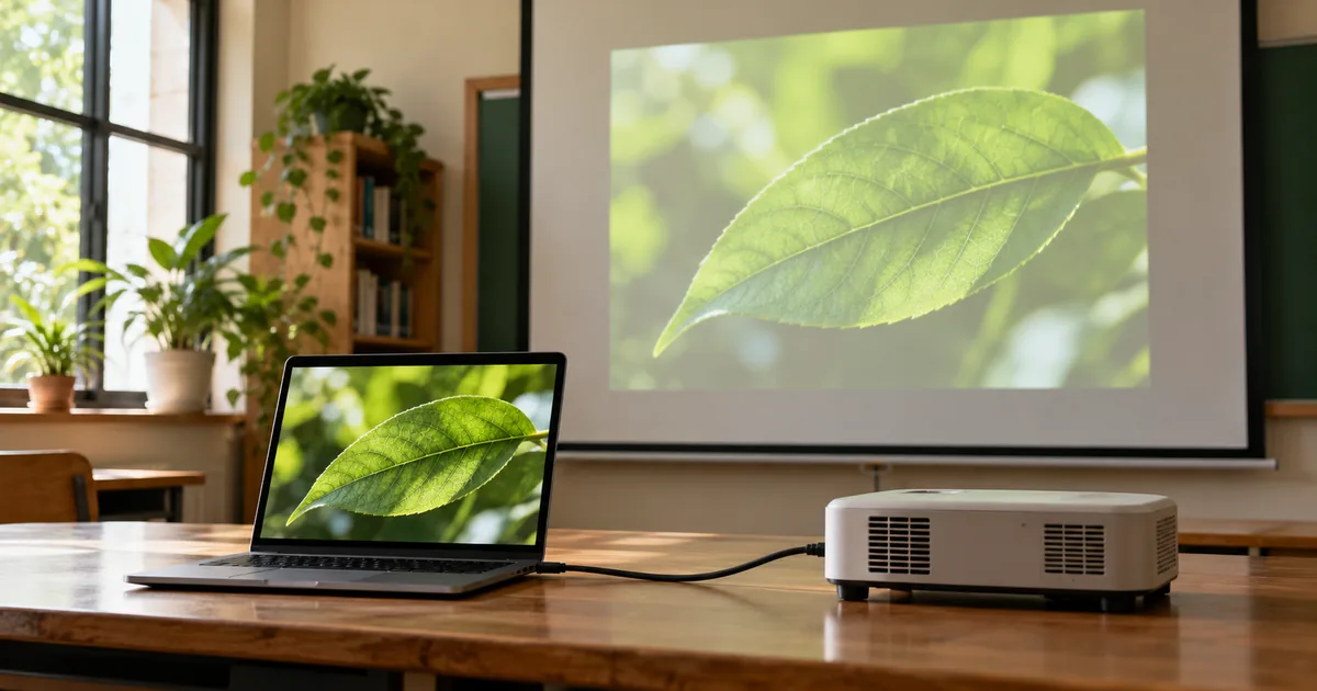 Ilustrasi laptop dan proyektor menampilkan foto daun hijau pada layar di ruang belajar.