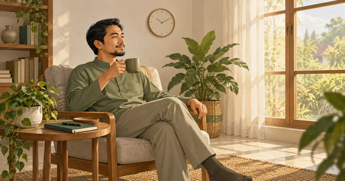 Ilustrasi pria beristirahat sambil minum teh di rumah, dengan buku catatan di meja.