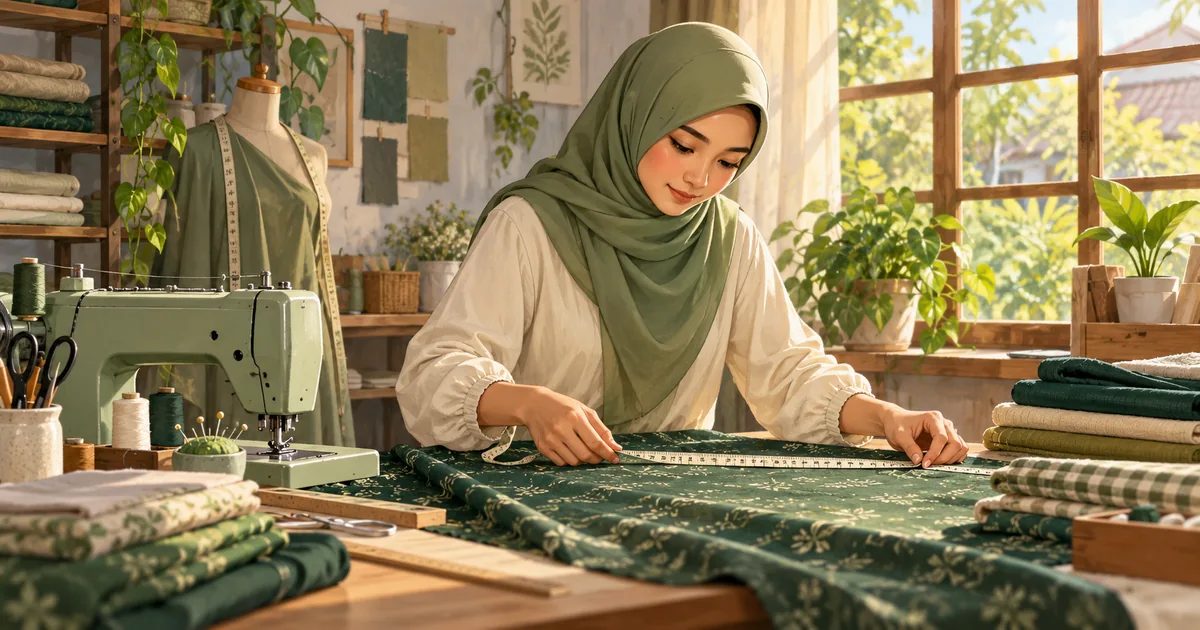 Ilustrasi penjahit memeriksa ukuran kain dengan teliti di meja kerja sebuah ruang jahit.
