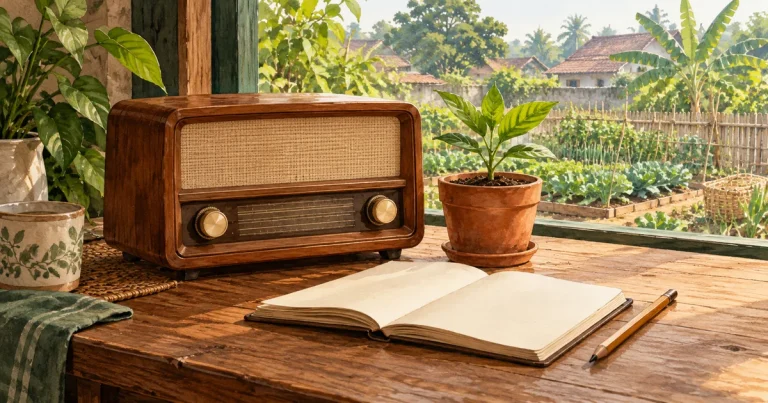 Ilustrasi radio meja, buku catatan terbuka, dan tanaman kecil di dekat jendela yang menghadap kebun.