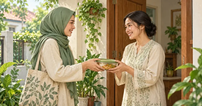 Ilustrasi dua tetangga saling tersenyum saat menyerahkan dan menerima wadah makanan di depan rumah.