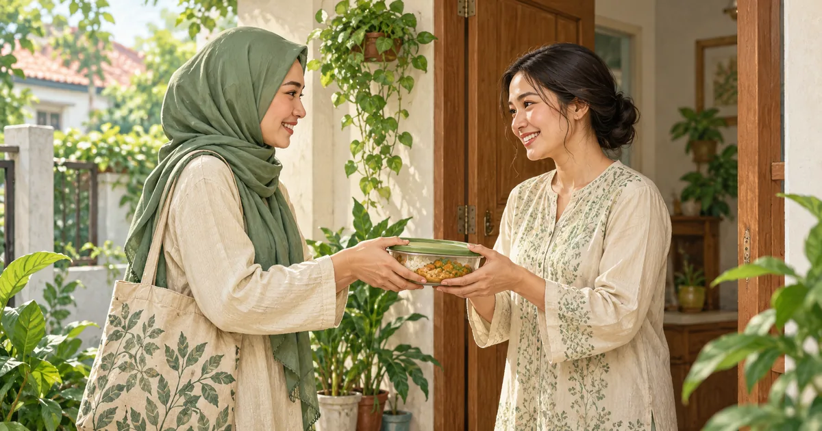 Ilustrasi dua tetangga saling tersenyum saat menyerahkan dan menerima wadah makanan di depan rumah.