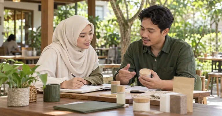 Ilustrasi dua mitra usaha membahas contoh produk dan mencatat pembagian tugas bersama di meja.