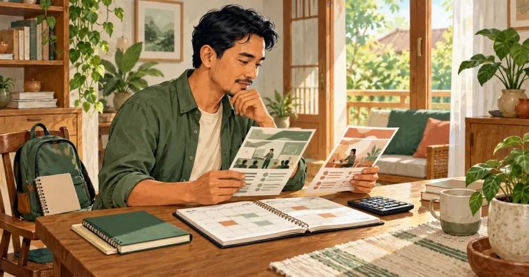 Ilustrasi laki-laki membandingkan brosur pelatihan dengan kalender dan kalkulator.