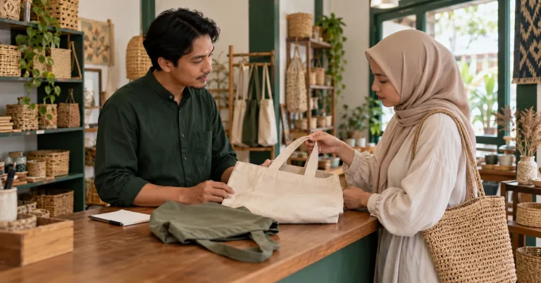 Ilustrasi penjual dan pelanggan memeriksa tas kain di meja toko untuk membahas perbedaan pesanan.