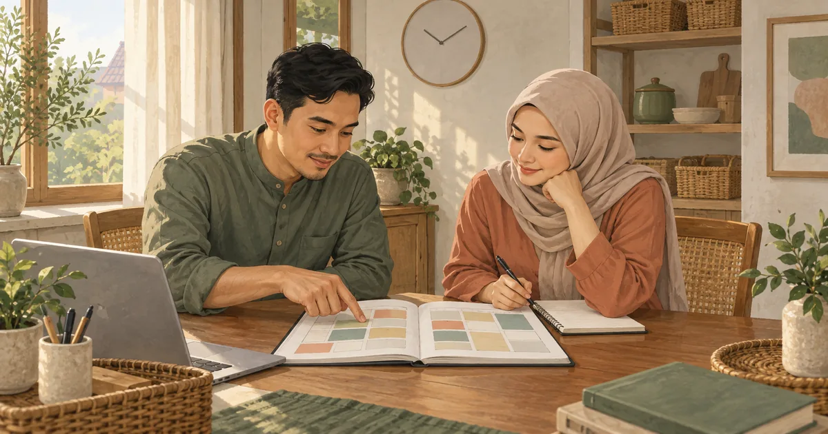 Ilustrasi dua orang dewasa membagi tugas dengan buku rencana di meja rumah menjelang Ramadan.