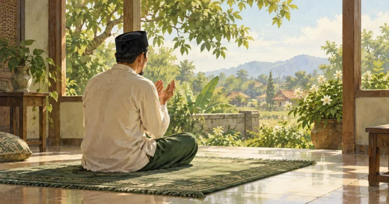 Ilustrasi seorang pria berdoa di atas sajadah dekat jendela yang menghadap taman.