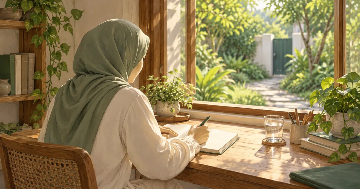 Ilustrasi perempuan menulis catatan di meja dekat jendela terbuka yang menghadap taman.