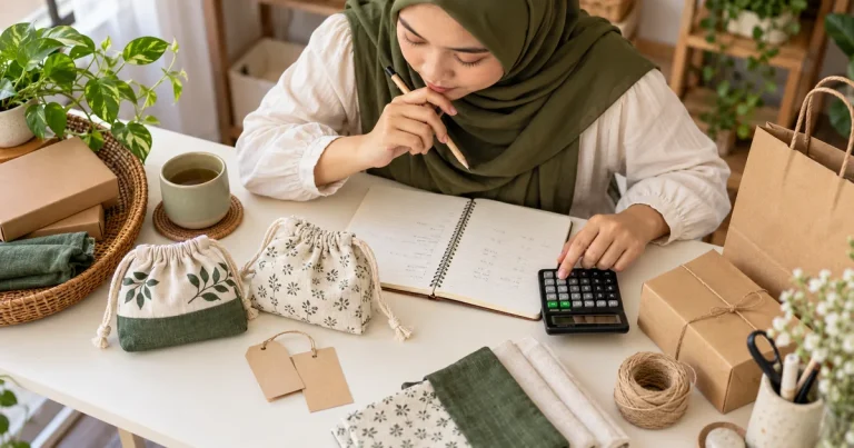 Ilustrasi pemilik usaha menghitung harga tas kain dengan kalkulator, catatan biaya, dan kemasan di meja kerja.