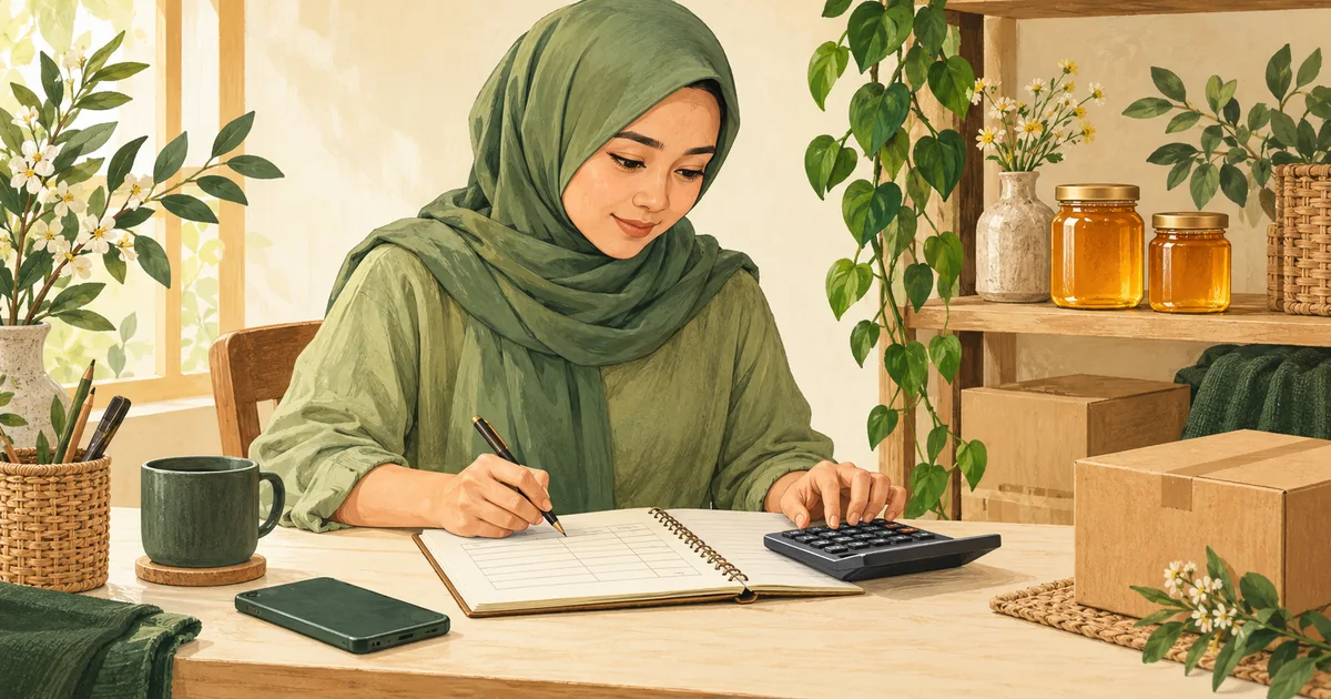 Ilustrasi pemilik usaha meninjau catatan biaya dengan kalkulator dan persediaan madu.