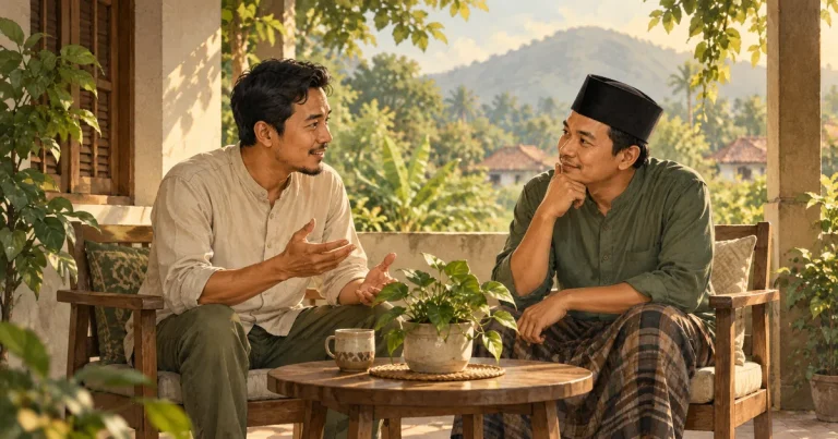 Ilustrasi dua tetangga berbincang dengan tenang dan saling mendengarkan di teras rumah.