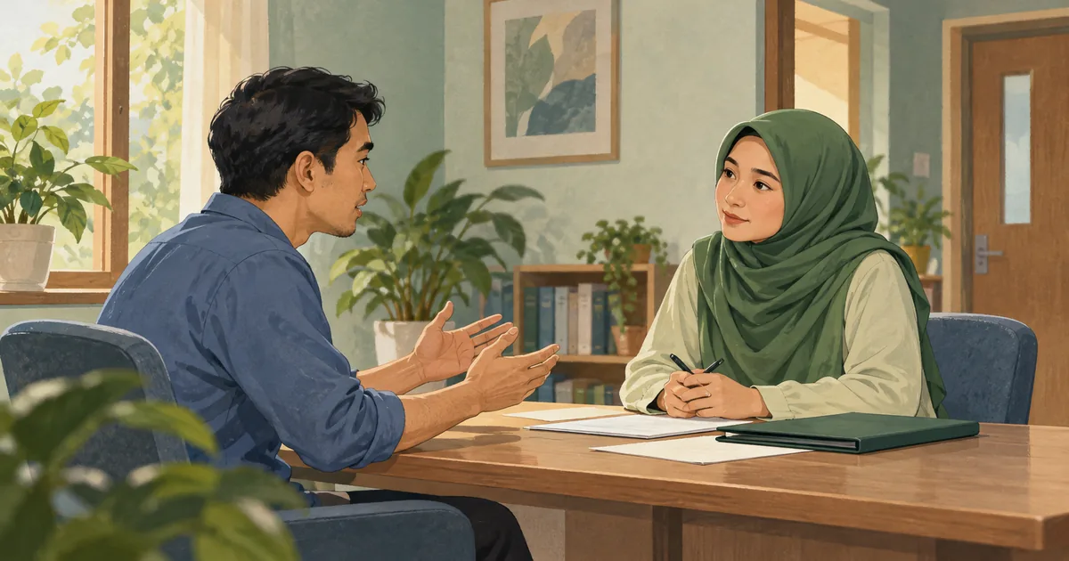 Ilustrasi seorang dewasa menyampaikan persoalan kepada pendamping yang mendengarkan di ruang konsultasi.