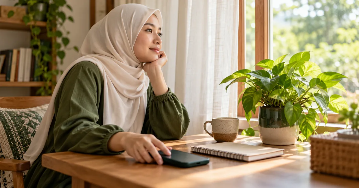 Ilustrasi seorang perempuan meletakkan ponsel di dekat buku catatan sambil memandang ke luar jendela.