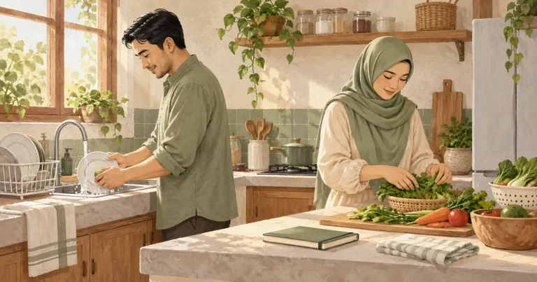 Ilustrasi suami dan istri bekerja bersama di dapur rumah dengan membagi pekerjaan sehari-hari.