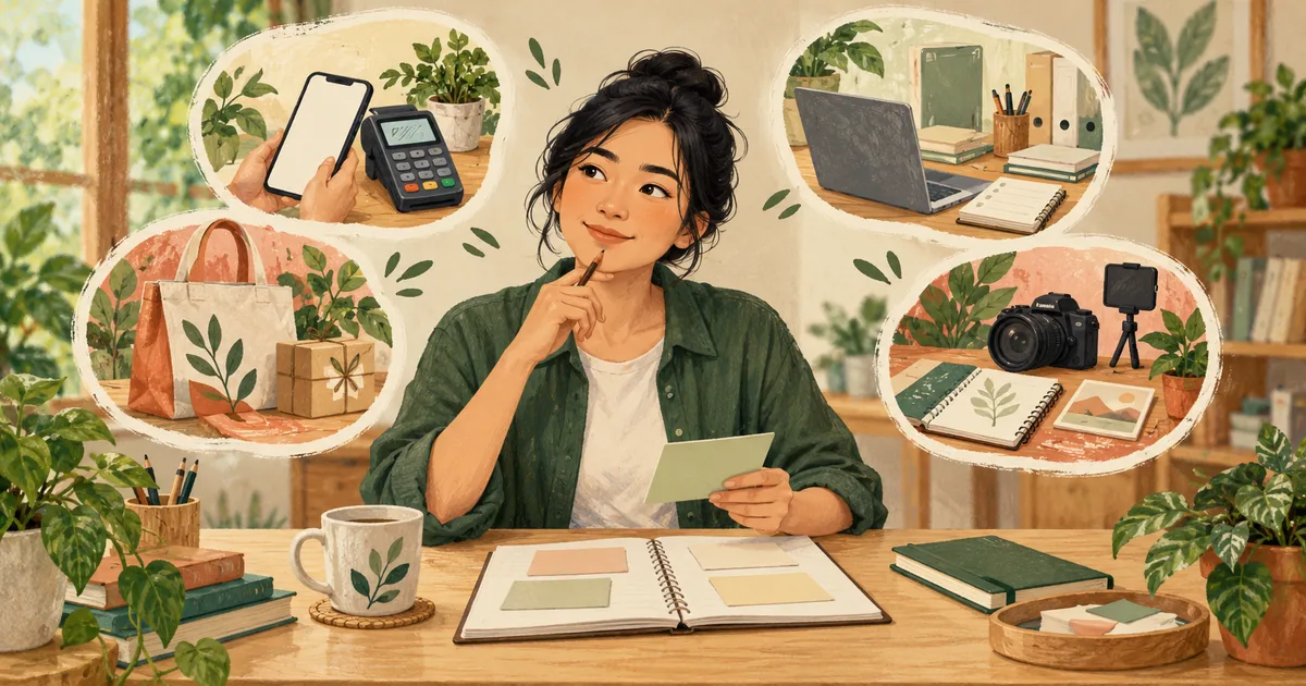 Ilustrasi seseorang membandingkan pilihan usaha loket layanan, preorder, jasa admin, dan konten affiliate.