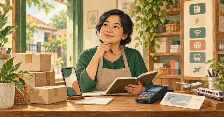 Ilustrasi pemilik loket menilai layanan pembayaran, paket, Mini ATM, dan tiket transportasi.