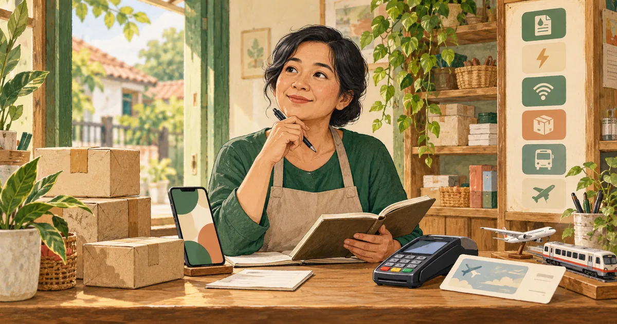 Ilustrasi pemilik loket menilai layanan pembayaran, paket, Mini ATM, dan tiket transportasi.