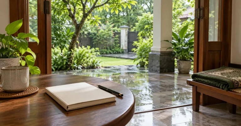 Ilustrasi beranda rumah setelah hujan dengan buku catatan, sajadah terlipat, dan kebun hijau.