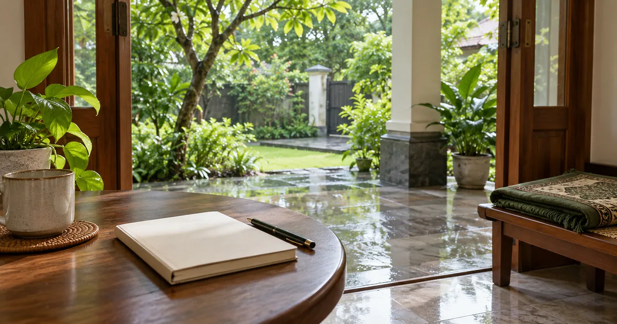 Ilustrasi beranda rumah setelah hujan dengan buku catatan, sajadah terlipat, dan kebun hijau.