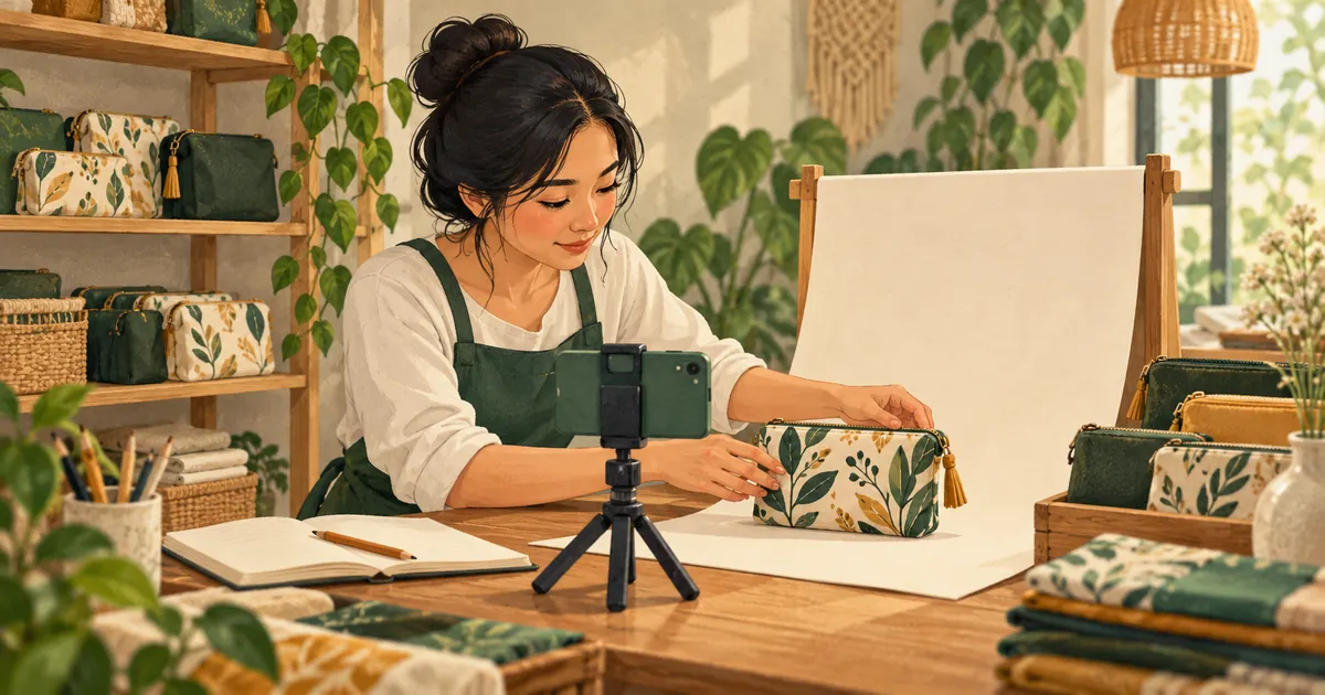 Ilustrasi pemilik usaha menata pouch kain untuk difoto dengan ponsel, ditemani buku rencana di meja kerja.