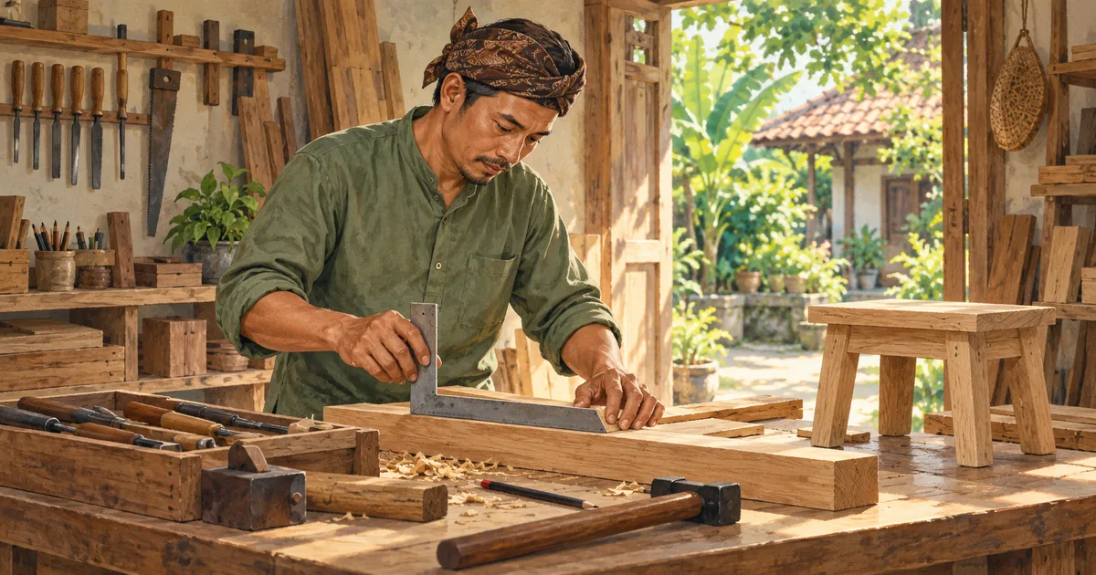 Ilustrasi perajin mengukur kayu dengan teliti di meja kerja sebuah bengkel sederhana.