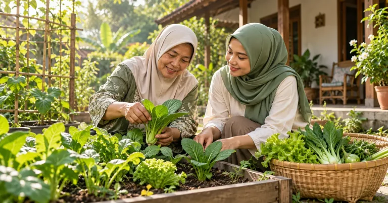 Ilustrasi dua anggota keluarga merawat sayuran di kebun rumah, menggambarkan kebersamaan, kesempatan belajar, dan pangan.