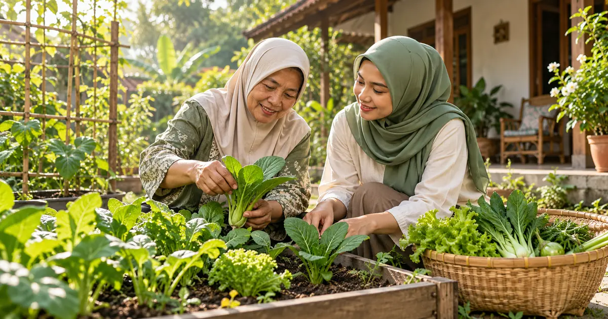 Ilustrasi dua anggota keluarga merawat sayuran di kebun rumah, menggambarkan kebersamaan, kesempatan belajar, dan pangan.