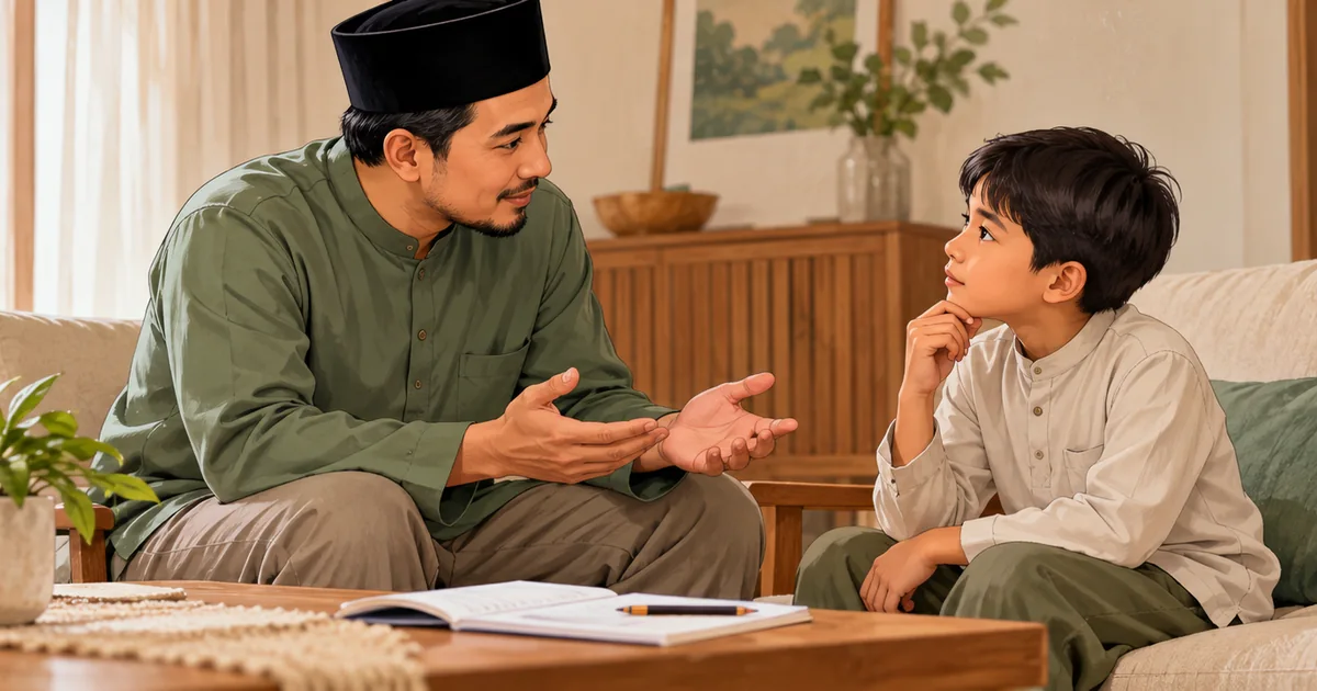 Ilustrasi ayah mendengarkan penjelasan anak dengan tenang di ruang keluarga
