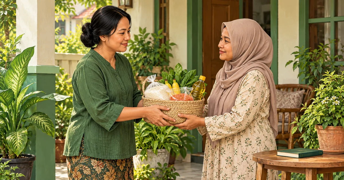 Ilustrasi dua tetangga berbagi keranjang bahan makanan di teras rumah dengan sikap saling menghormati.