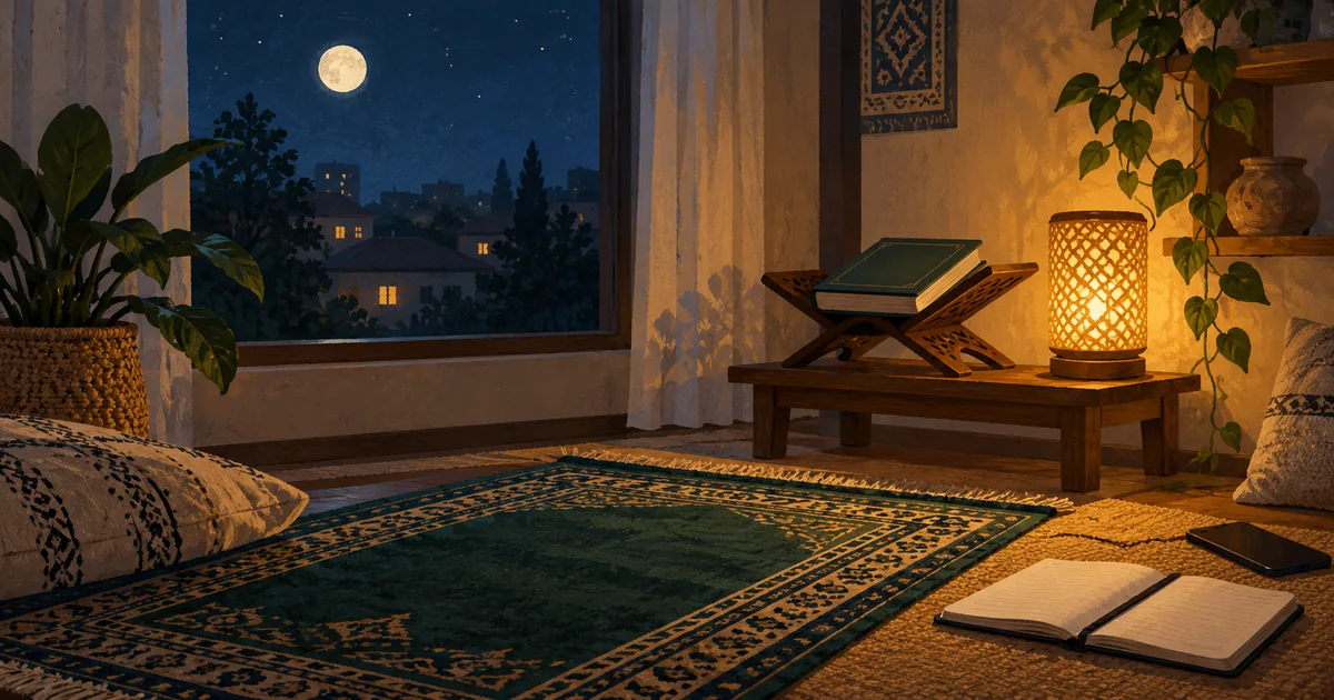 Ilustrasi sudut tenang di rumah pada malam hari dengan sajadah, buku tertutup, lampu, dan ponsel yang dijauhkan.