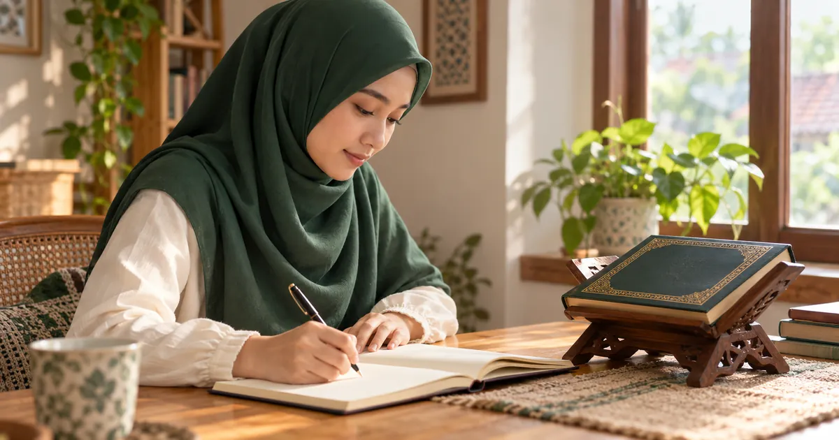 Ilustrasi seorang perempuan mencatat bahan belajar di samping mushaf tertutup pada penyangga kayu.