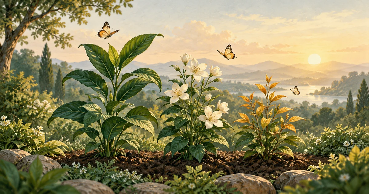 Ilustrasi tiga tanaman yang tumbuh di taman dengan kupu-kupu pada pagi hari.