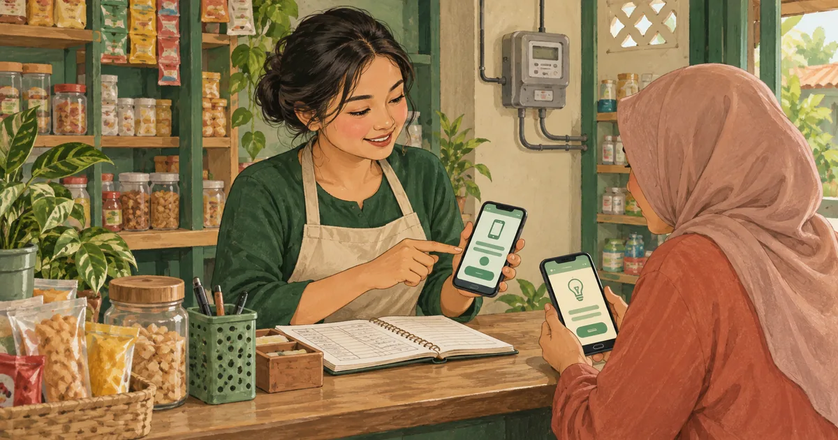 Ilustrasi pemilik warung membantu pelanggan menggunakan layanan pulsa dan pembayaran tagihan.